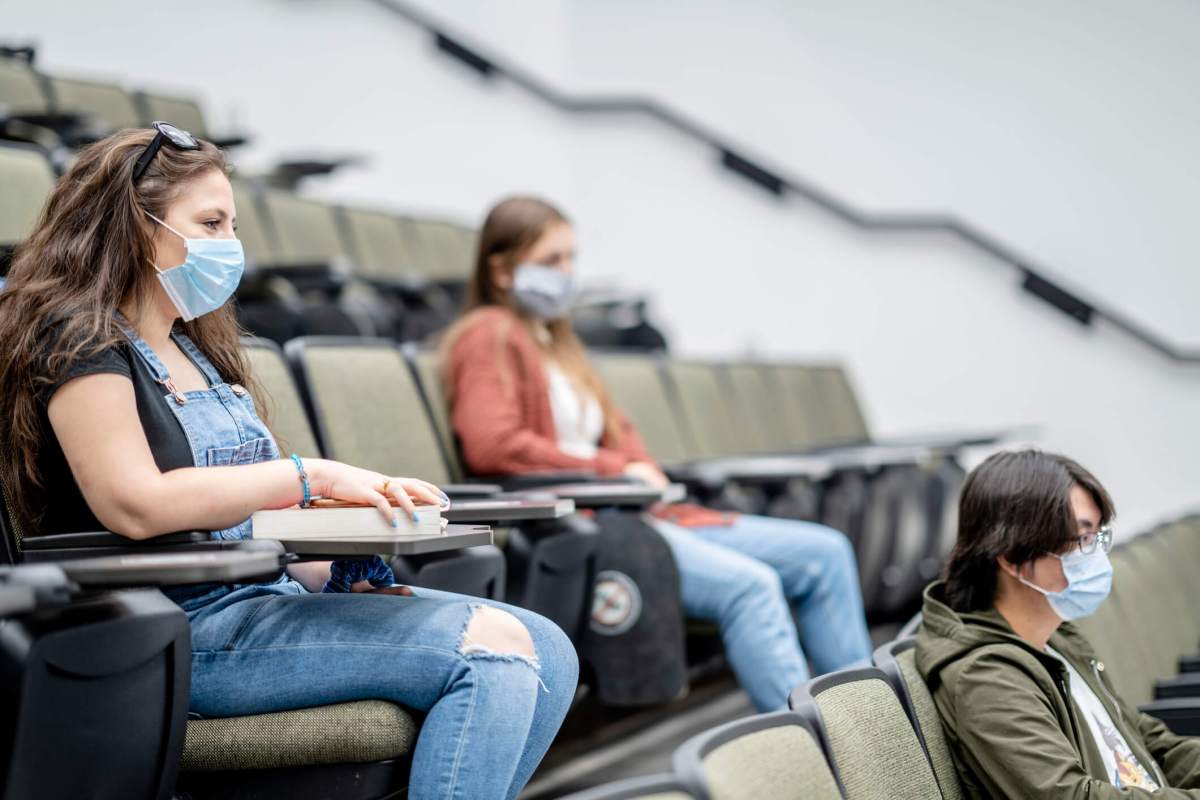 Group of university students wearing masks in class