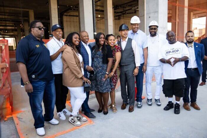 The Universal Hip Hop Museum has been hailed by Bronx politicos and Mayor Eric Adams, as a future tourist hub and is slated to receive $9.75 million in taxpayer funds. Rocky Bucano, fourth from right, is pictured alongside hip-hop dignitaries and elected officials. 