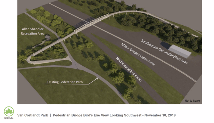 A rendering shows the original plan for the Van Cortlandt Pedestrian Bridge.