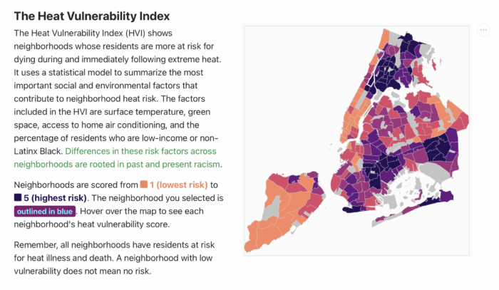 The New York City heat vulnerability index shows many Bronx neighborhoods are among the most burdened by excessive high temperatures. 