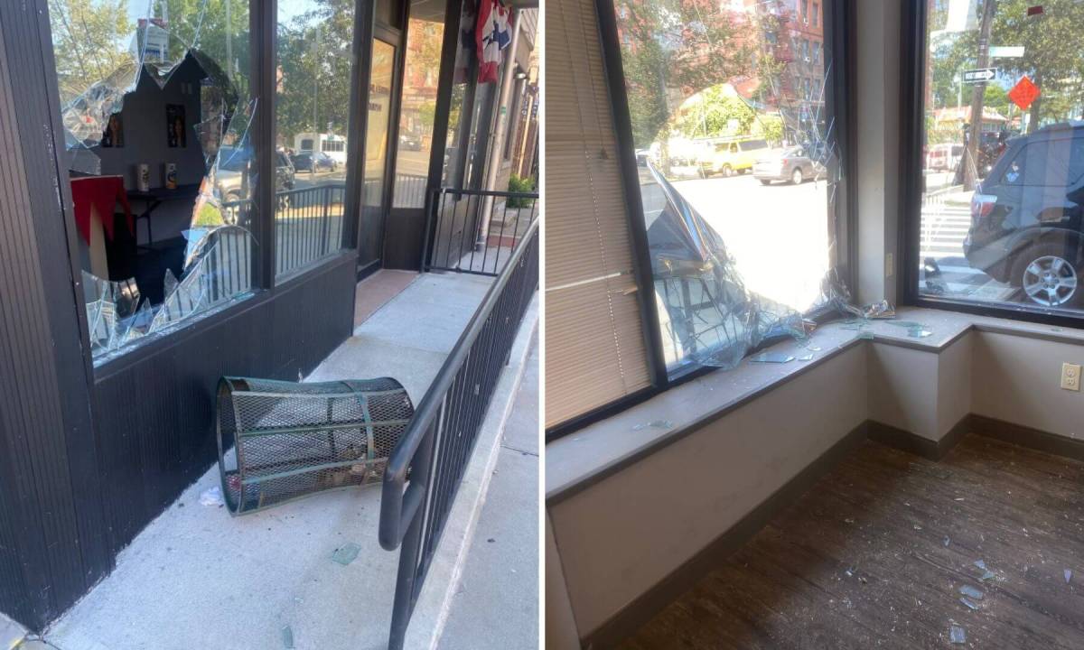 Glass covers the inside and outside of City Council candidate Kristy Marmorato's office at the Bronx GOP building in Morris Park on Wednesday, Aug. 9, 2023.