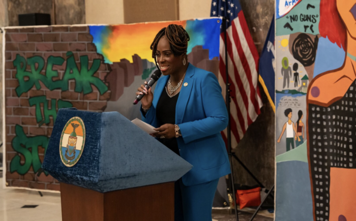 Bronx Borough President Vanessa Gibson announces the "First Pitch" mural contest winners on Friday, Dec. 15, 2023.