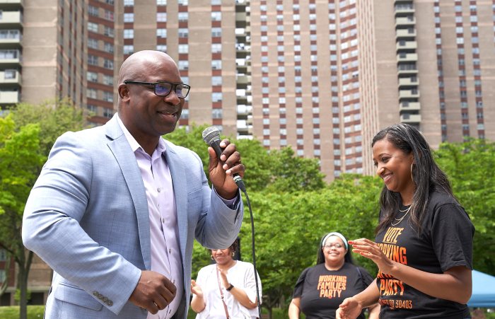 U.S. Rep. Jamaal Bowman, the Working Families Party and others rally together in the Bronx on May 26, 2024.