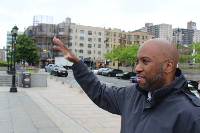 Trey Jenkins, the 161st Street Business Improvement director, goes over his ideas for the Lou Gehrig Plaza on Friday, May 10, 2024.