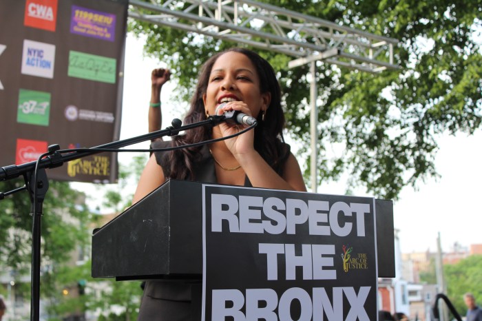 Bronx Assembly Member Amanda Septimo speaks at the "Trump isn't welcome here" counter rally in the Bronx's Crotona Park at the same time as former President Donald Trump's campaign rally on Thursday, May 23, 2024. 