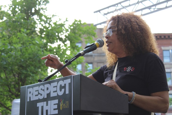 Bronx Assembly Member Yudelka Tapia speaks at the "Trump isn't welcome in the Bronx" counter rally in Crotona Park at the same time as former President Donald Trump's campaign rally on Thursday, May 23, 2024.