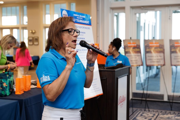 Bronx Chamber of Commerce President Lisa Sorin speaks during the chamber’s annual Joseph Kelleher Memorial Golf Outing at Bally’s Links at Ferry Point on Tuesday, June 18, 2024.