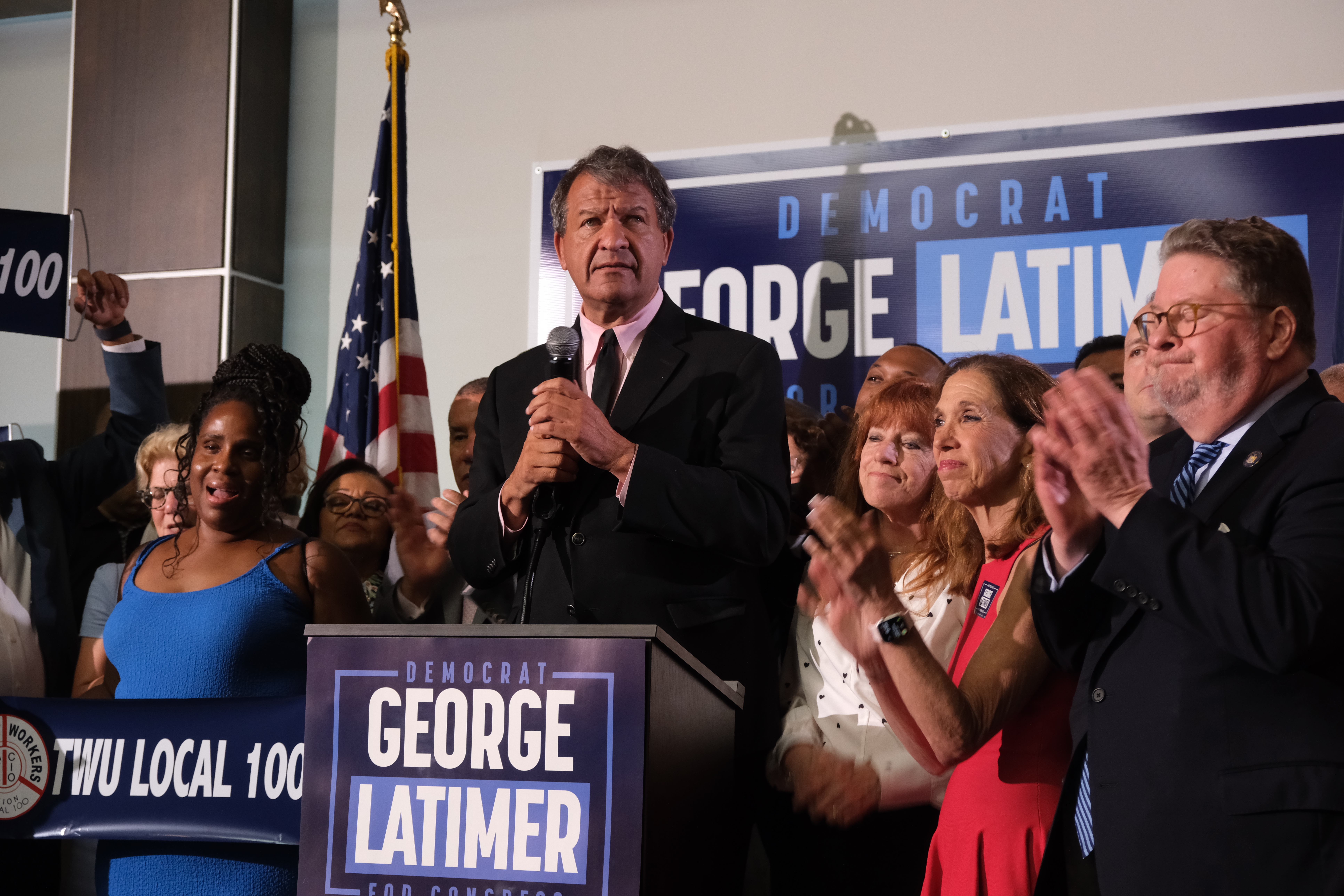 Westchester County Executive George Latimer celebrated his NY-16 primary victory over Rep. Jamaal Bowman in White Plains on June 25, 2024.