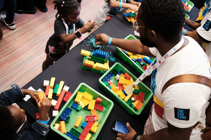 A sponsor of the March of Dads, Lego, provides a fun space for kids and their dads to build with Lego bricks in the Bronx Children's Museum on June 29, 2024.